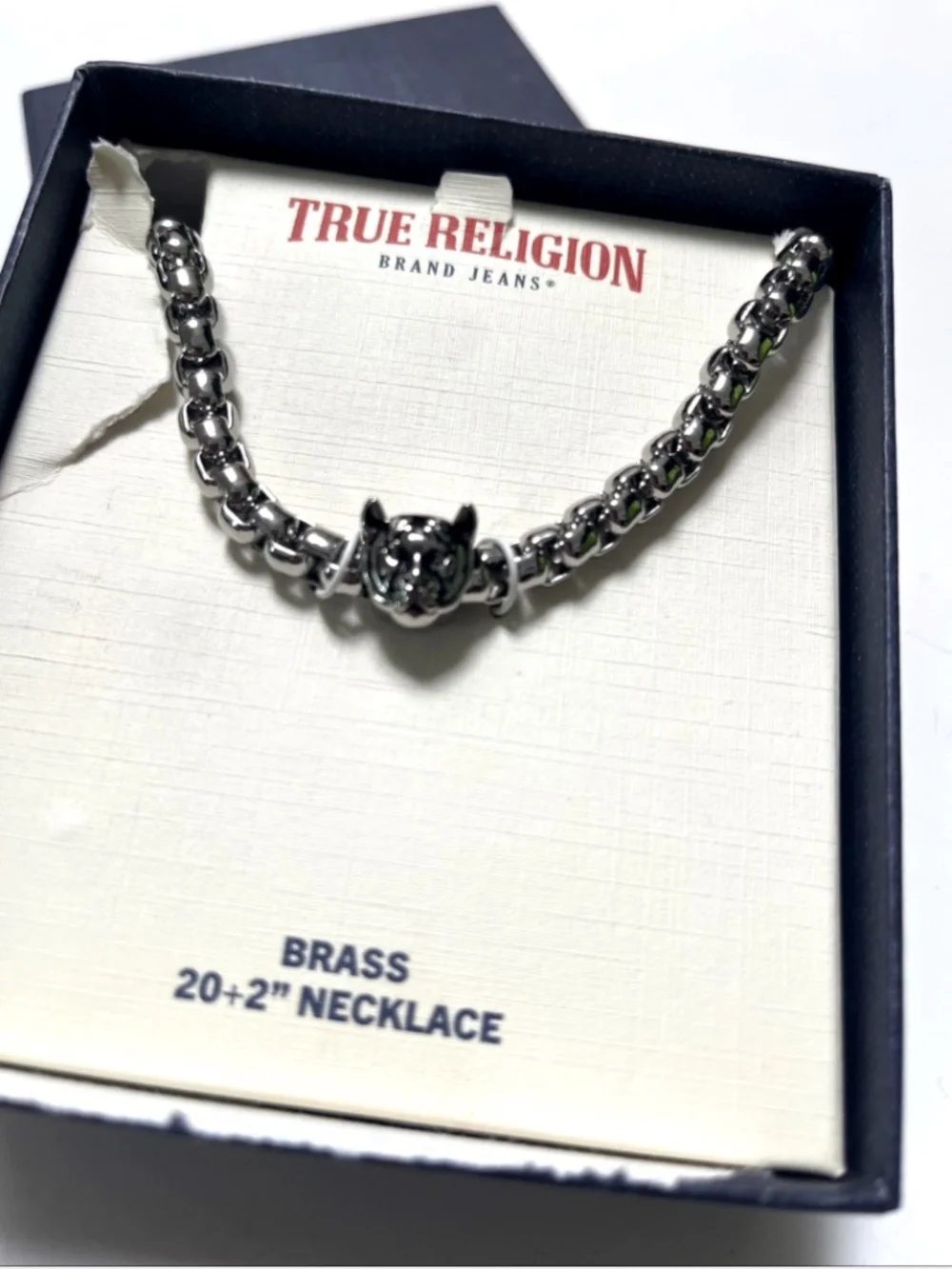 True Religion Men's Tiger Head Brass Necklace Silver Tone 20